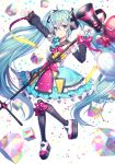  1girl artist_name black_legwear blue_eyes blue_hair blush bow breasts closed_mouth confetti cube eyebrows_visible_through_hair full_body hatsune_miku looking_at_viewer loudspeaker magical_mirai_(vocaloid) medium_breasts pink_bow roang smile solo thigh-highs twintails vocaloid white_background 