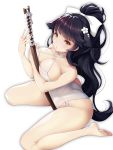  1girl alternate_costume ass azur_lane bangs bare_legs bare_shoulders black_hair blush bow breast_lift breasts brown_eyes casual_one-piece_swimsuit cleavage collarbone eyebrows_visible_through_hair flower form_above groin hair_bow hair_flower hair_ornament highres holding holding_sword holding_weapon koflif large_breasts long_hair looking_at_viewer one-piece_swimsuit parted_lips ponytail sheath sheathed sidelocks simple_background sitting smile solo swimsuit sword takao_(azur_lane) thighs very_long_hair wariza weapon white_background white_bow wooden_sword 