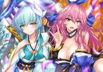  2girls \m/ absurdres animal_ears aqua_hair bow breasts cleavage closed_fan collarbone detached_sleeves dragon_girl dragon_horns ears_through_headwear fan fang fate/extra fate_(series) folding_fan fox_ears fox_shadow_puppet fox_tail highres horns japanese_clothes kimono kiyohime_(fate/grand_order) large_breasts long_hair multiple_girls nez-kun tail tamamo_(fate)_(all) tamamo_no_mae_(fate) yellow_bow yellow_eyes 