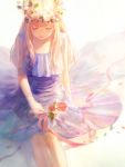  1girl blonde_hair closed_eyes commentary dress english_commentary eyebrows_visible_through_hair facing_viewer feet_out_of_frame flower head_wreath highres leaf long_hair original petals purple_dress red_flower red_rose romiy rose sitting smile solo 