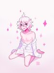  1boy ahoge artist_logo artist_name bangs blue_eyes blush chest dangan_ronpa full_body gradient gradient_background hair_between_eyes highres kneeling komaeda_nagito long_sleeves looking_at_viewer male_focus nipples nose_blush open_mouth pink pink_background shari_cote shirt shirt_down simple_background sleeves_past_wrists solo sparkle super_dangan_ronpa_2 wavy_mouth white_background white_hair white_shirt 