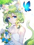  1girl :o ahoge animal animal_ears artist_name aya_(aya_op10s) bangs bare_arms bare_shoulders blue_bow blue_eyes blue_flower blue_rose bow bug butterfly cat_ears cat_tail collarbone commentary_request dress eyebrows_visible_through_hair flower flower_wreath green_hair hair_between_eyes head_tilt head_wreath holding insect long_hair looking_at_viewer original parted_lips petals pink_flower pink_rose rose signature sleeveless sleeveless_dress solo sparkle tail white_dress white_flower yellow_flower 