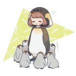  1girl :d =_= ? animal_costume ayu_(mog) bird blush bob_cut brown_hair closed_eyes embarrassed flying_sweatdrops open_mouth original penguin penguin_costume short_hair smile solo standing translated 