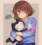  1boy 1other adorable bendy_(character) bendy_and_the_ink_machine blush bookpast caramell0501 closed_eyes crossover devil frisk_(undertale) hug human joey_drew_studios kid shirt short_hair smile striped striped_shirt themealty toby_fox_(publisher) undertale 