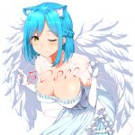  1girl angel_wings animal_ears blue_dress blue_hair braid breasts cat_ears clearite cleavage dress elbow_gloves eyebrows_visible_through_hair french_braid frills gloves large_breasts leaning_forward light_blue_hair looking_at_viewer moira_(nijisanji) mole mole_on_breast mole_under_mouth nijisanji one_eye_closed red_string short_hair smile solo string virtual_youtuber white_dress white_gloves wings yellow_eyes 