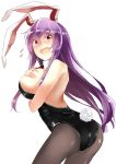  1girl animal_ears ass back bare_shoulders black_legwear black_leotard breast_hold breasts bunny_girl bunny_tail bunnysuit cleavage deetamu detached_collar highres large_breasts leotard long_hair looking_at_viewer looking_back necktie pantyhose purple_hair rabbit_ears red_eyes red_neckwear reisen_udongein_inaba solo strapless strapless_leotard surprised tail touhou very_long_hair 