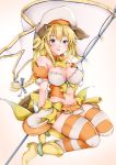  1girl alternate_costume animal_ears blonde_hair blue_eyes blue_ribbon boots braid breasts collar dog_ears dog_tail fate/apocrypha fate_(series) gloves hair_ribbon hat highres horizontal-striped_legwear jeanne_d&#039;arc_(fate) jeanne_d&#039;arc_(fate)_(all) long_hair looking_at_viewer magical_girl medium_breasts navel open_mouth ribbon sezoku single_braid solo striped striped_legwear tail thigh-highs white_gloves white_hat 
