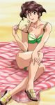  1girl 90s bikini brown_eyes brown_hair collarbone earrings green_bikini hand_on_leg holding_eyewear jewelry kim_kyung_hwa musekinin_kanchou_tylor official_art open_mouth sand sandals short_hair sitting solo swimsuit tomohiro_mihaja 