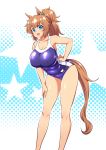  1girl animal_ears bangs bent_over blue_eyes breasts brown_hair collarbone eyebrows_visible_through_hair gabayo hair_ornament hand_on_hip hand_on_own_thigh horse_ears horse_tail large_breasts long_hair long_legs looking_at_viewer one-piece_swimsuit open_mouth ponytail shiny shiny_clothes solo star star_hair_ornament swimsuit taiki_shuttle tail umamusume 