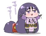  1girl :d absurdly_long_hair black_legwear blush chibi commentary_request fate/grand_order fate_(series) highres jitome long_hair low-tied_long_hair minamoto_no_raikou_(fate/grand_order) motion_lines open_mouth outstretched_arms pelvic_curtain puffy_sleeves purple_hair rei_(rei_rr) sash simple_background smile solo spread_arms standing thigh-highs very_long_hair violet_eyes white_background 
