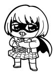  1girl bangs belt belt_pouch bkub boots cape clenched_hand clenched_teeth face_mask fist_in_hand full_body gloves greyscale hit-girl kick-ass mask monochrome open_mouth short_hair simple_background skirt solo superhero teeth white_background 