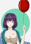  1girl blood bnnyhood breasts cleavage closed_eyes closed_mouth commentary highres holding_balloon large_breasts original purple_hair red_balloon sarashi short_hair solo upper_body 