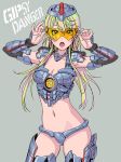 1girl :o adjusting_eyewear armor bangs bikini_armor blonde_hair blue_nails boots breasts cleavage cowboy_shot elbow_gloves fingernails gauntlets gipsy_danger gloves greaves grey_background long_hair looking_at_viewer mecha medium_breasts multicolored_hair nail_polish open_mouth pacific_rim pauldrons personification simple_background solo standing sunglasses thigh-highs thigh_boots two-tone_hair yamashita_shun&#039;ya 