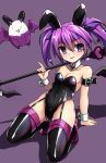  1girl aisha_(elsword) alice360 animal_ears black_legwear black_leotard bunny_tail bunnysuit detached_collar elsword garter_straps highres holding holding_wand leotard looking_at_viewer purple_background purple_hair rabbit_ears shadow simple_background solo strapless strapless_leotard tail thigh-highs tongue tongue_out twintails violet_eyes wand wrist_cuffs 