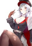  1girl arm_at_side arm_up azur_lane black_legwear breasts brown_gloves cleavage commentary fur_trim gloves graf_zeppelin_(azur_lane) hair_between_eyes hat highres iron_cross large_breasts long_hair looking_at_viewer military military_uniform pantyhose parted_lips peaked_cap red_eyes silver_hair sitting solo uniform white_background youkan_(mattya_youkan) 