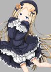  1girl abigail_williams_(fate/grand_order) bangs black_bow black_dress black_hat blonde_hair bloomers blue_eyes bow commentary_request covered_mouth dress eyebrows_visible_through_hair fate/grand_order fate_(series) forehead grey_background hair_bow hands_up hat highres long_hair long_sleeves luluhavinera orange_bow parted_bangs simple_background sleeves_past_fingers sleeves_past_wrists solo underwear v-shaped_eyebrows very_long_hair white_bloomers 
