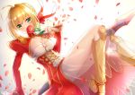  1girl aestus_estus ahoge armored_boots bangs blonde_hair blush boots bow braid breasts cleavage closed_mouth commentary_request dress dutch_angle epaulettes eyebrows_visible_through_hair fate/extra fate_(series) flower green_eyes hair_between_eyes hair_bow hair_bun hair_intakes hand_up highres holding holding_flower juliet_sleeves knee_boots long_hair long_legs long_sleeves medium_breasts nero_claudius_(fate) nero_claudius_(fate)_(all) petals puffy_sleeves red_bow red_dress red_flower red_rose rose saber_extra see-through sidelocks sleeves_past_wrists sll smile solo wide_sleeves 