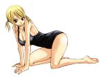  1girl all_fours barefoot blonde_hair breasts brown_hair cleavage fairy_tail full_body large_breasts long_hair looking_at_viewer lucy_heartfilia mashima_hiro official_art one-piece_swimsuit scan simple_background smile solo swimsuit tattoo twintails white_background 