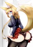  1girl amino_dopple animal_ears ass bangs black_panties blue_eyes blue_shirt blunt_bangs breasts commentary_request contrapposto cowboy_shot dressing eyebrows_visible_through_hair fox_ears fox_tail ketsune_(paprika_shikiso) large_breasts long_hair long_sleeves looking_at_viewer looking_back original panties pantyhose pantyhose_pull pinky_out pleated_skirt pulled_by_self red-framed_eyewear red_skirt shirt short_eyebrows skirt solo standing tail underwear 