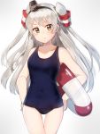  1girl amatsukaze_(kantai_collection) blush breasts brown_eyes collarbone covered_navel eyebrows_visible_through_hair highres kantai_collection lifebuoy long_hair looking_at_viewer school_swimsuit sikutogurei_(kunugi_miyaco) silver_hair small_breasts solo standing swimsuit two_side_up windsock 