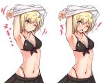  ! 1girl amagi_(amagi626) armpits black_bra black_skirt blonde_hair blush bra breasts cleavage collarbone commentary_request crescent crescent_hair_ornament crescent_print eyebrows_visible_through_hair frilled_bra frills front-tie_bra hair_between_eyes hair_ornament long_sleeves looking_at_viewer lunasa_prismriver medium_breasts multiple_views navel one_eye_closed open_mouth pleated_skirt shirt short_hair simple_background skindentation skirt standing stomach touhou translated underwear undressing upper_body white_background white_shirt yellow_eyes 