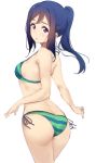  1girl ass bikini blue_hair breasts butt_crack from_behind halterneck highres icehotmilktea looking_at_viewer looking_back love_live! love_live!_sunshine!! matsuura_kanan medium_breasts ponytail side-tie_bikini sidelocks simple_background solo striped striped_bikini swimsuit violet_eyes white_background 