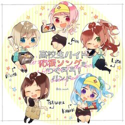  5girls :d ;d ^_^ alternate_hairstyle aoba_moka apron bang_dream! bangs barcode_scanner black_apron black_footwear blue_apron blue_eyes blue_hair brown_hair character_name chibi closed_eyes commentary_request cup food french_fries green_eyes green_ribbon grey_hair hair_ribbon half_updo hazawa_tsugumi highres holding holding_tray imai_lisa jumping light_blue_hair long_hair looking_at_viewer maruyama_aya matsubara_kanon multiple_girls one_eye_closed one_side_up open_mouth outstretched_hand pink_eyes pink_hair ponytail ribbon round_teeth shi_noyuki shirt shopping_basket short_hair short_sleeves skirt smile star striped striped_background stylus teeth touchscreen translation_request tray twitter_username upper_teeth v-shaped_eyebrows vertical-striped_background vertical_stripes violet_eyes visor_cap waist_apron yellow_shirt 