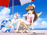  1996 90s bare_shoulders beach beach_umbrella blue_eyes bow brown_hair collarbone copyright copyright_name dated day hair_ribbon hand_to_head innertube legs_crossed long_hair looking_at_viewer megami_paradise official_art one-piece_swimsuit open_mouth outdoors parfait pink_swimsuit ribbon sandals sitting swimsuit umbrella 
