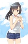  1girl bare_arms bare_shoulders black_hair blue_eyes blue_shorts blue_sky blush closed_mouth clouds cloudy_sky commentary_request cowboy_shot denim denim_shorts eyebrows_visible_through_hair hands_up highres interlocked_fingers looking_at_viewer masukuza_j original own_hands_together ponytail short_shorts shorts sky smile solo 