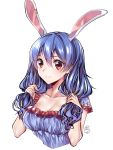  1girl animal_ears blue_hair blush breasts cleavage collarbone commentary_request crescent_print cropped_torso ear_visible_through_hair eyebrows_visible_through_hair frills gem_oblivion hair_between_eyes hair_grab hands_up highres looking_at_viewer medium_breasts rabbit_ears red_eyes seiran_(touhou) short_sleeves simple_background smile solo star star_print touhou upper_body white_background 
