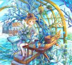  1girl basket blonde_hair blue_gloves blush book brown_eyes bubble chair closed_mouth collarbone gloves hanging_plant hat kutsunohito lamp looking_at_viewer original outdoors scenery short_hair sitting smile solo table thigh-highs water white_legwear 