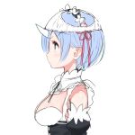  1girl blue_eyes blue_hair blush breasts closed_mouth commentary_request detached_collar detached_sleeves from_side hairband horn large_breasts maid profile re:zero_kara_hajimeru_isekai_seikatsu rem_(re:zero) simple_background solo white_background yasuyuki 