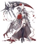  1girl blood bloody_clothes blue_eyes boots breasts covered_navel flower full_body garter_straps gloves hair_flower hair_ornament high_collar holding holding_weapon jino knee_boots legs_crossed official_art rose scythe sinoalice small_breasts snow_white_(sinoalice) solo transparent_background veil watson_cross weapon white_hair 