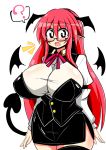  1girl bat_wings black_eyes blush breasts curvy demon_girl demon_tail demon_wings dress dress_shirt glasses head_wings highres huge_breasts koakuma long_hair looking_at_viewer open_mouth redhead rindou_(p41neko) shirt skirt skirt_set smile solo tail thick_thighs touhou vest wide_hips wings 
