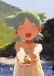  0x3 1girl animal backlighting bare_arms bare_shoulders bird chick child collarbone commentary_request day dress eyebrows_visible_through_hair facing_viewer green_hair hands_together hands_up highres holding koiwai_yotsuba looking_at_viewer medium_hair open_mouth outdoors outstretched_arm quad_tails smile upper_body yotsubato! |d 