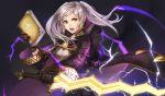  1girl breasts cape electricity female_my_unit_(fire_emblem:_kakusei) fire_emblem fire_emblem:_kakusei fire_emblem_heroes gloves hood kamu_(kamuuei) long_hair looking_at_viewer mamkute medium_breasts my_unit_(fire_emblem:_kakusei) open_mouth robe solo twintails weapon white_hair 