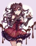  1girl :3 ahoge bare_shoulders blue_eyes blush bow brown_hair cake chocolate chocolate_cake chocolate_on_fingers cowboy_shot cross-laced_clothes dress earrings elbow_gloves eyebrows_visible_through_hair food gloves hair_bow highres holding holding_plate ichinose_shiki idolmaster idolmaster_cinderella_girls jewelry leg_garter long_hair looking_at_viewer plate red_dress red_ribbon ribbon simple_background sleeveless sleeveless_dress solo tamaext thumb_to_mouth two_side_up wavy_hair 