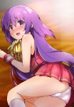  1girl all_fours angel_beats! ca2la cheerleader cowboy_shot irie_(angel_beats!) long_hair panties pleated_skirt pom_poms purple_hair red_shirt red_skirt shirt skirt sleeveless sleeveless_shirt solo underwear violet_eyes white_panties wristband 