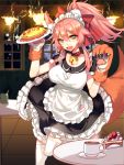  1girl absurdres almond_(artist) alternate_costume animal_ears apron bell bell_collar breasts cake cat_hair_ornament cat_paws coffee collar enmaided fangs fate/grand_order fate_(series) food fox_ears fox_tail gloves hair_ornament hair_ribbon highres indoors jingle_bell large_breasts looking_at_viewer maid maid_apron maid_headdress open_mouth paw_gloves paw_shoes paws pink_hair ponytail red_ribbon ribbon shoes solo tail tamamo_(fate)_(all) tamamo_cat_(fate) thigh-highs waist_apron white_legwear 