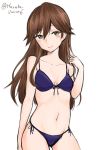  1girl arashio_(kantai_collection) bikini breasts brown_eyes brown_hair cowboy_shot front-tie_top kantai_collection long_hair looking_at_viewer purple_bikini side-tie_bikini simple_background small_breasts smile solo swimsuit twitter_username umino_haruka_(harukaumino6) white_background 