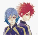  2boys blue_eyes blue_hair character_request closed_mouth commentary_request copyright_request grey_background highres looking_at_viewer looking_back male_focus multiple_boys murasaki_(fioletovyy) red_eyes redhead signature simple_background smile spiky_hair uniform zipper 