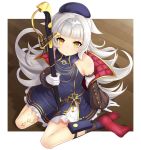  1girl azur_lane bangs bare_shoulders beret blunt_bangs commentary_request floor from_above gloves grey_hair hat highres iron_cross long_hair looking_at_viewer mole mole_under_eye parted_lips platform_footwear sheath sheathed sitting solo sword wariza weapon white_gloves yellow_eyes z46_(azur_lane) 