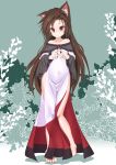  1girl absurdres alternate_costume animal_ears bare_shoulders barefoot brooch brown_hair collarbone dress fingernails highres imaizumi_kagerou jewelry long_hair long_sleeves looking_at_viewer navel pochi_colo red_eyes side_slit solo touhou wide_sleeves wolf_ears 