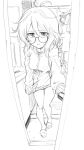  1girl araki_hina bare_legs bottomless commentary_request doorway full_body glasses idolmaster idolmaster_cinderella_girls jacket kotoyama long_hair looking_at_viewer messy_hair monochrome opening_door parted_lips round_eyewear sketch sleeves_past_wrists slippers solo sweatdrop 