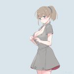  1girl blue_background blue_eyes blush brown_hair cowboy_shot emia_wang intrepid_(kantai_collection) kantai_collection open_clothes ponytail short_hair simple_background solo standing 