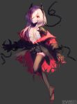  1girl alternate_costume artist_name bangs boots breasts chains collarbone cuffs eyebrows_visible_through_hair full_body girls_frontline gloves hair_between_eyes hair_over_one_eye headgear highres horns long_hair looking_at_viewer m4_sopmod_ii_(girls_frontline) medium_breasts multicolored_hair off_shoulder parted_lips pink_hair red_eyes saku_t sarashi shackles sidelocks smile solo streaked_hair thigh-highs thighs 