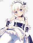  1girl apron bangs blue_bow blue_eyes blush bow breasts character_request collarbone copyright_request cowboy_shot dress eyebrows_visible_through_hair frilled_gloves frilled_skirt frills gloves grin looking_at_viewer maid maid_apron maid_headdress one_side_up pantyhose ribbon simple_background skirt skirt_lift sleeveless small_breasts smile solo standing takashiru twitter_username v-shaped_eyebrows waist_apron white_background white_gloves white_hair white_legwear 