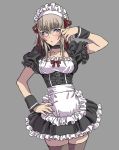  1girl adjusting_hair alternate_costume apron bangs bespectacled black_choker black_dress black_legwear blue_eyes blush choker closed_mouth commentary_request corset cowboy_shot dress enmaided eyebrows_visible_through_hair frilled_apron frilled_dress frilled_sleeves frills frown girls_und_panzer glasses grey_background hair_ribbon hand_on_hip highres itsumi_erika lips long_hair looking_at_viewer maid puffy_short_sleeves puffy_sleeves red_ribbon ribbon short_dress short_sleeves silver_hair simple_background solo standing thigh-highs waist_apron white-framed_eyewear white_apron wrist_cuffs yamashita_shun&#039;ya zettai_ryouiki 