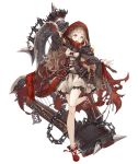  1girl belt belt_pouch blonde_hair chains frilled_skirt frills full_body harp high_collar hood hood_up instrument jino little_red_riding_hood_(sinoalice) long_hair looking_at_viewer mary_janes official_art orange_eyes shoes sinoalice skirt solo standing standing_on_one_leg transparent_background 