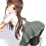  1girl all_fours arashio_(kantai_collection) arm_warmers bike_shorts brown_eyes brown_hair commentary_request cowboy_shot dated grey_skirt highres kantai_collection long_hair looking_at_viewer minase_(takaoka_nanase) pleated_skirt shirt short_sleeves simple_background skirt solo suspenders twitter_username white_background white_shirt 